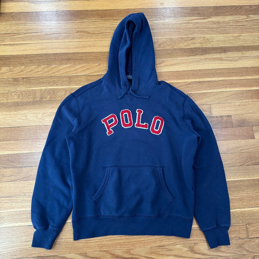 Polo Ralph Lauren Hoodie Mens Large Hooded Sweatshirt Blue Red Spellout